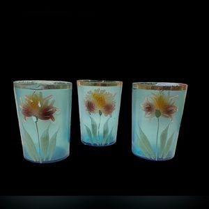 Antique Victorian Set Of 3 Sugar Blue Hand Painted Flower Glasses Circa 1900